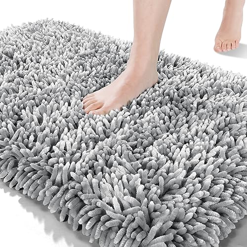 Yimobra Bathroom Rug Mat 24 x 17 Inch, Extra Soft and Absorbent Luxury Chenille Shaggy Bath Rugs Non Slip, Machine Washble Dry, Plush Floor Carpet for Tub, Shower, and Bath Room, Light Gray