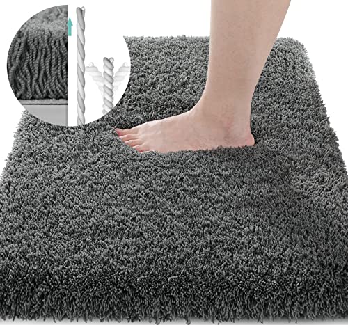 Yimobra Luxury Fluffy Bathroom Rugs, Super Elastic Soft Thick Plush Bath Mat, Non-Slip Water Absorbent, Easier to Dry, Durable Shaggy Microfiber Carpet for Bathtub Shower, 17"x 24", Pure Dark Grey