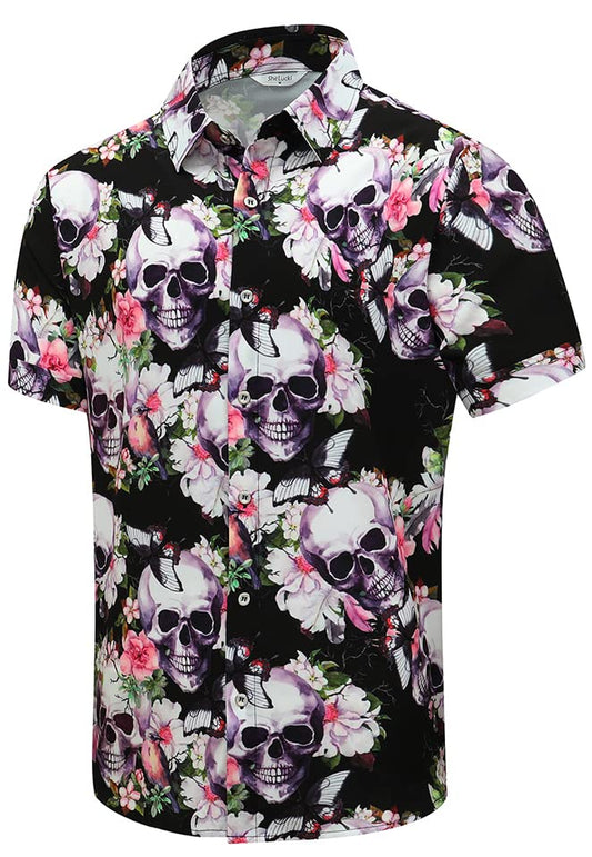 SheLucki Hawaiian Shirt for Men, Unisex Summer Beach Casual Short Sleeve Button Down Shirts, Printed Palmshadow Clothing Skull Pink 3XL