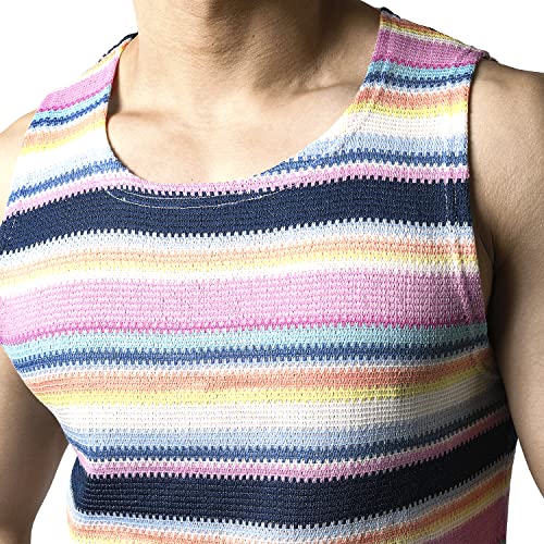 JOGAL Mens Rainbow Striped Sleeveless Shirts Multicolored Casual Tank Tops Navy Small