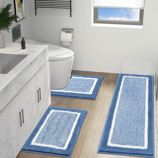 HEBE Bathroom Mat Set 3 Piece Non Slip Bath Mats Soft Farmhouse Bathroom Rug Set Plush Shaggy Bath Mats Carpets Includes U-Shaped Toilet Mat for Bathroom, Shower