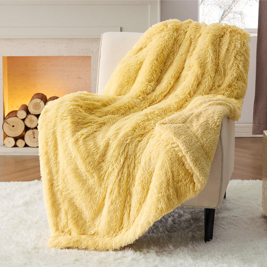 Bedsure Soft Fuzzy Faux Fur Throw Blanket Light Yellow – Cozy, Fluffy, Plush Sherpa Fleece Blanket, Furry, Shaggy Blanket for Couch, Bed, Sofa, Thick Warm Blankets for Women, 50x60 Inches, 640 GSM