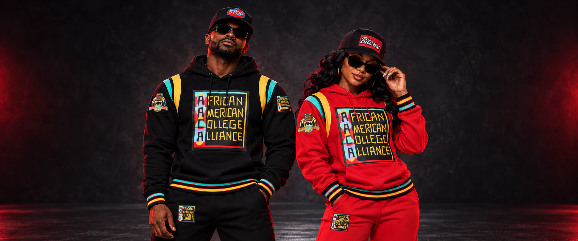 Two Black models wearing sunglasses: man in a black AACA outfit and STOP cap, woman smiling in a red AACA outfit and BITE ME cap.
