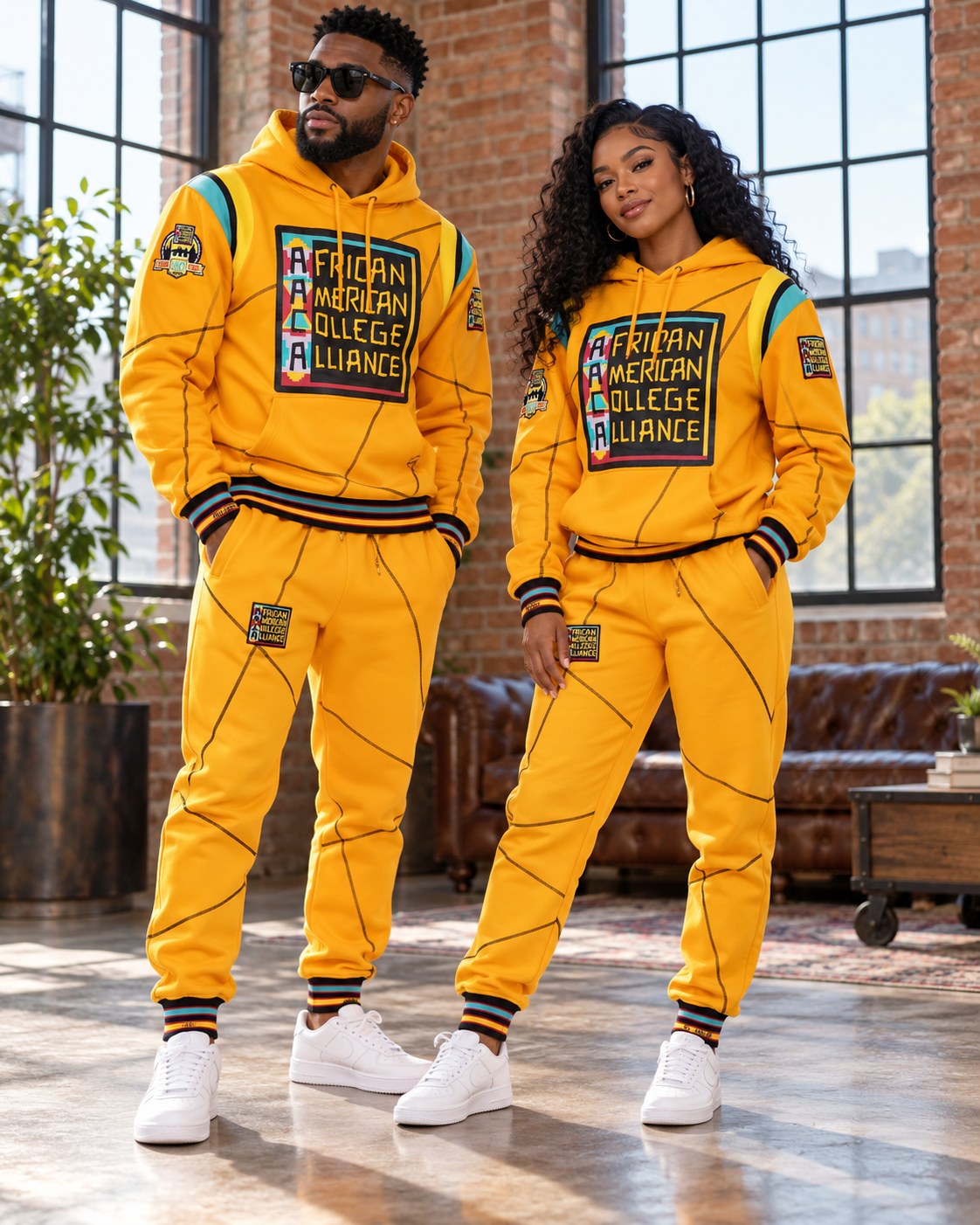 Male and female models wearing the matching AACA Logo hoodie and joggers