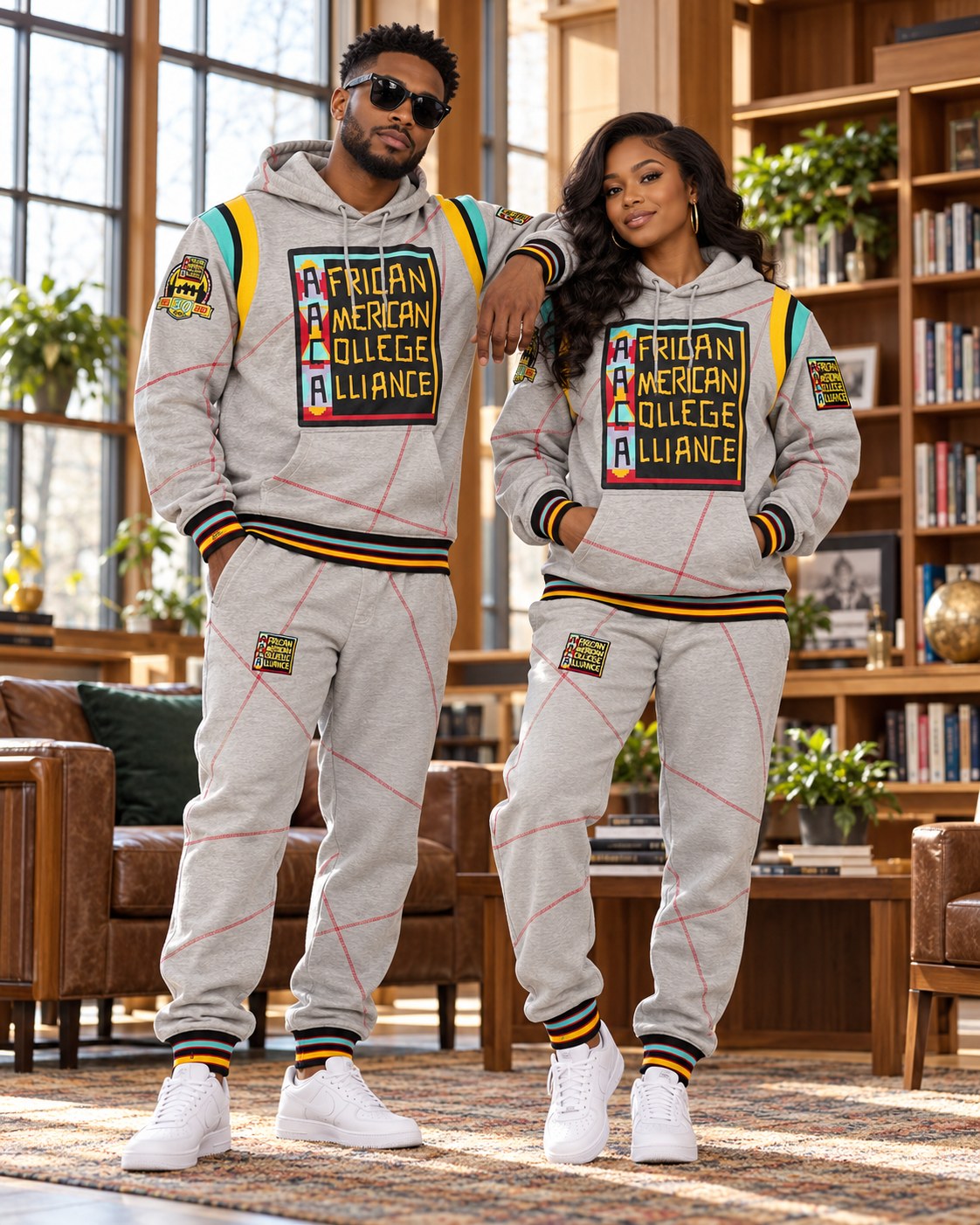 Male and female models wearing the matching AACA Logo hoodie and joggers