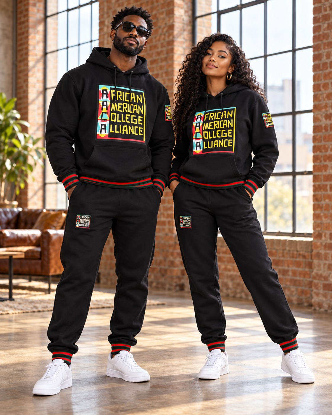 Male and female models wearing this matching AACA Logo hoodie and joggers