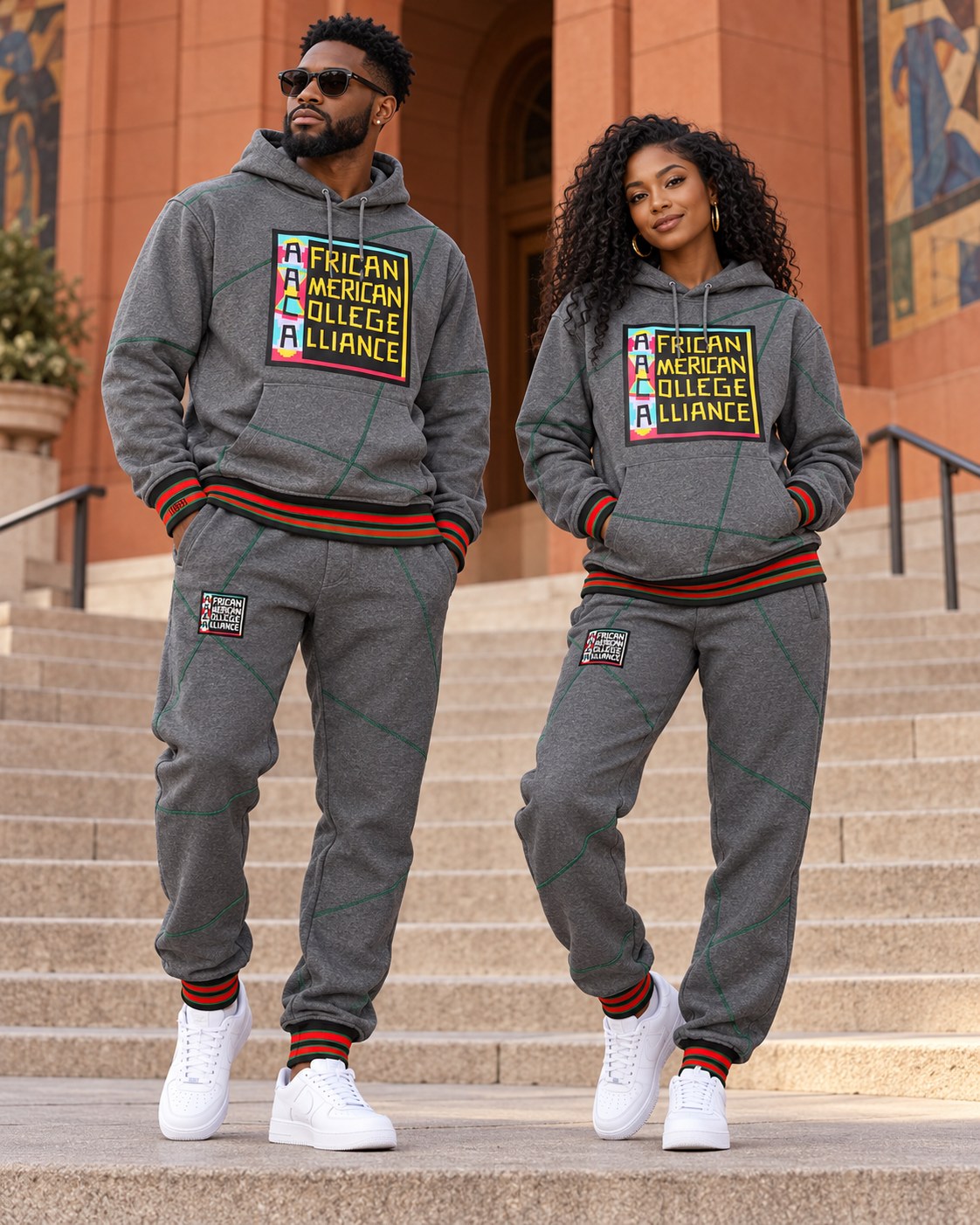 Male and female models wearing this matching AACA Logo hoodie and joggers