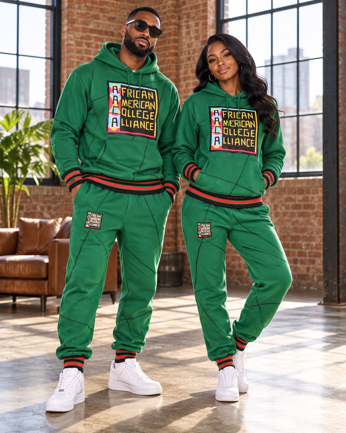 Male and female models wearing this matching AACA Logo hoodie and joggers