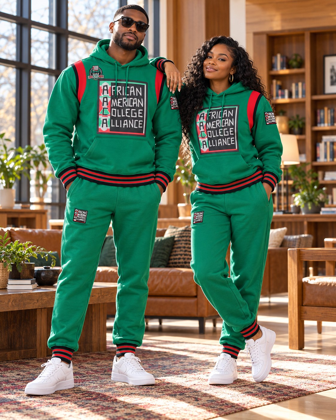 Male and female models wearing this matching AACA Logo hoodie and joggers