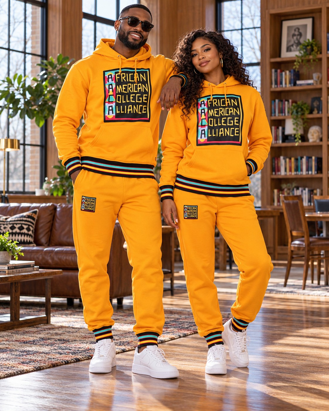 Male and female models wearing this matching AACA Logo hoodie and joggers