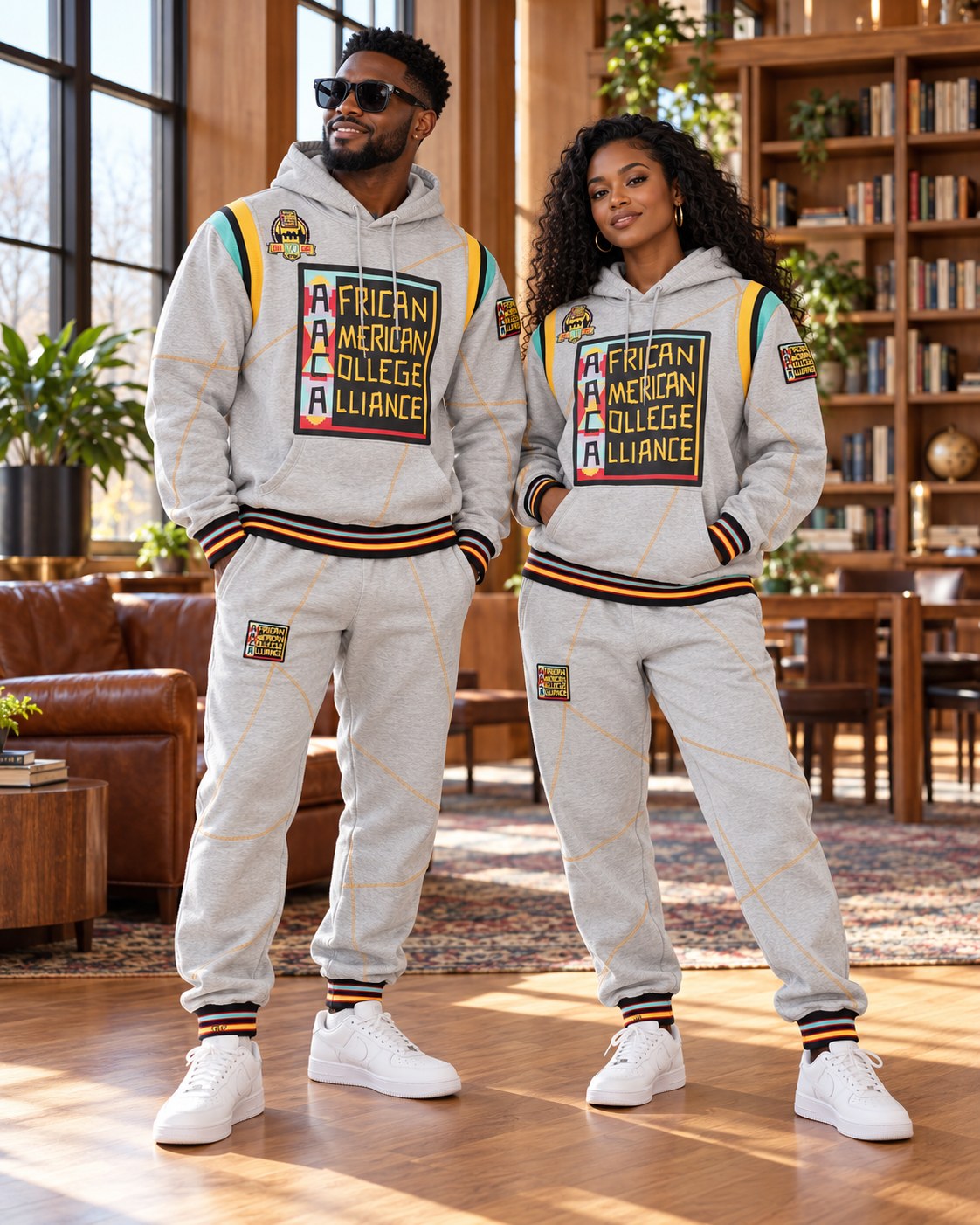 Male and female models wearing this matching AACA Logo hoodie and joggers