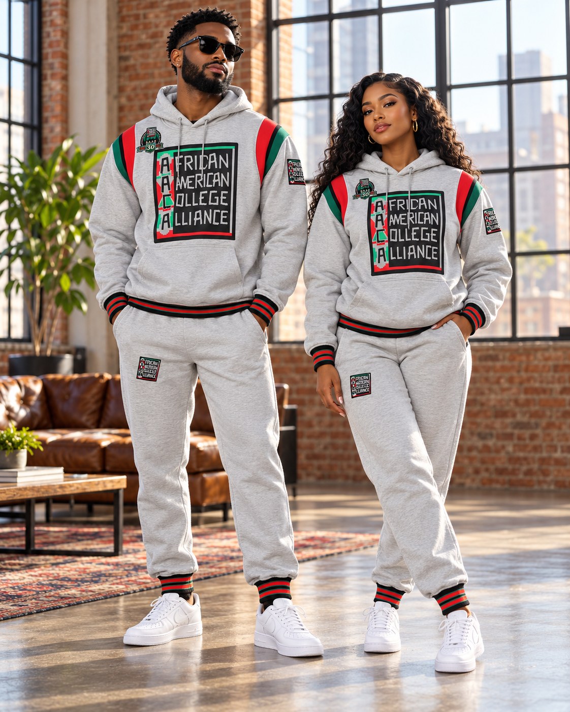 Male and female models wearing this matching AACA Logo hoodie and joggers