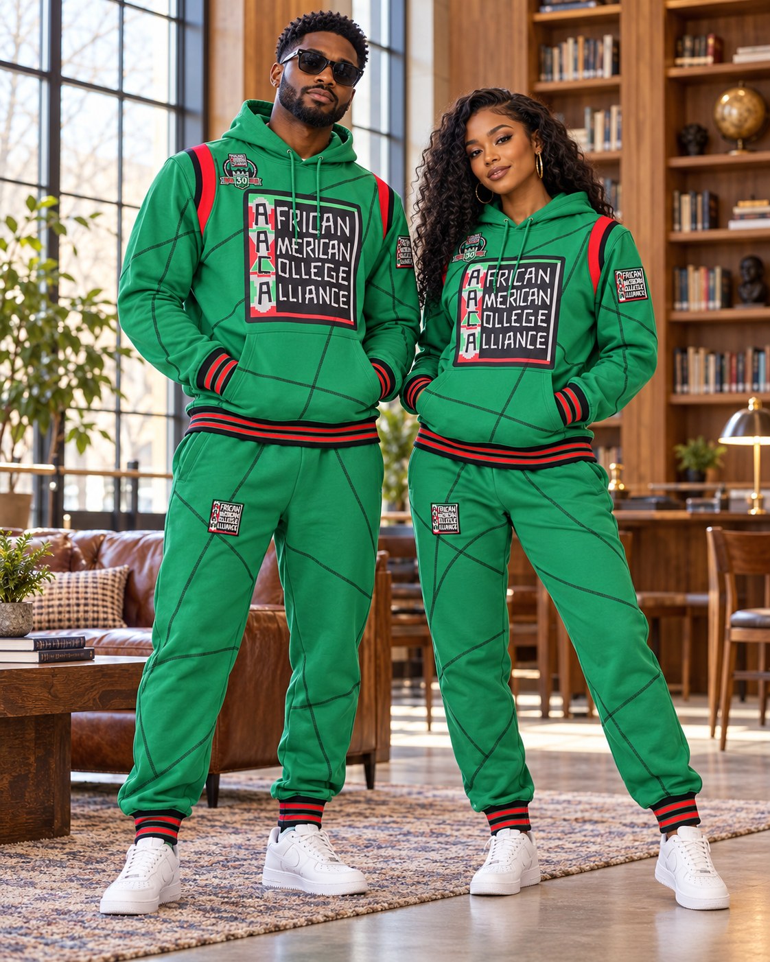 Male and female models wearing this matching AACA Logo hoodie and joggers